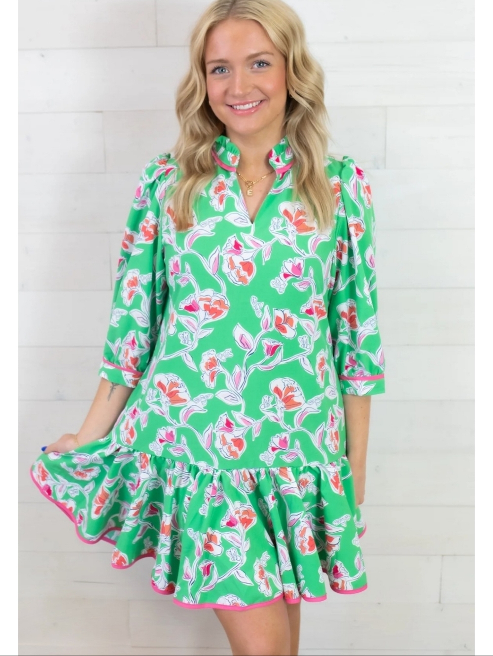 Mary Square Naomi Pretty Petals Mini Dress Green & Pink Size S